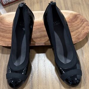 Stuart Weitzman Black Patent Leather Round-Toe Flats with Elastic Trim